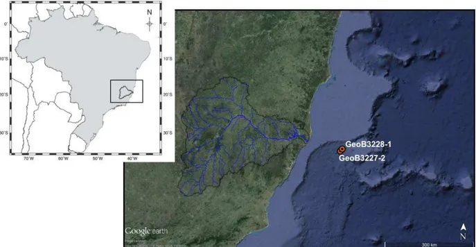 Figure  3.1:  Location  of  the  Doce  River  Basin  (black  line)  and  marine  sediment  cores  GeoB3227-2  (1340  mbsl)  and  GeoB3228-1  (1095  mbsl)