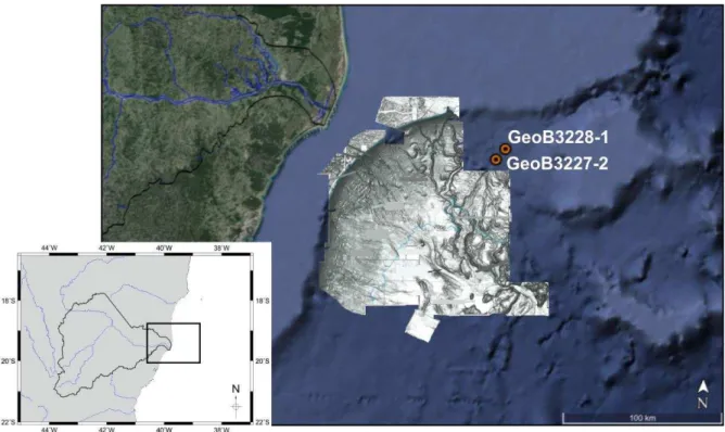 Figure  3.2:  Doce  River  Canyon  System  and  the  location  of  marine  sediment  cores  GeoB3228-1  and  GeoB3227-2