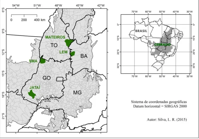 Figura  2.1  –  Mapa  de  localização  das  áreas  de  estudo  no  bioma  Cerrado.  LEM  =  Luís  Eduardo Magalhães