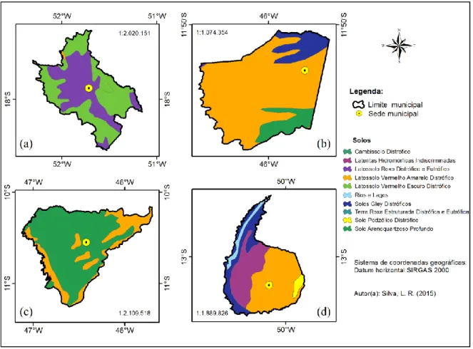 Figura  2.3  –  Distribuição  das  principais  classes  de  solos  nos  municípios  de  Jataí  (a),  Luís  Eduardo  Magalhães  (b),  Mateiros  (c)  e  São  Miguel  do  Araguaia  (d)