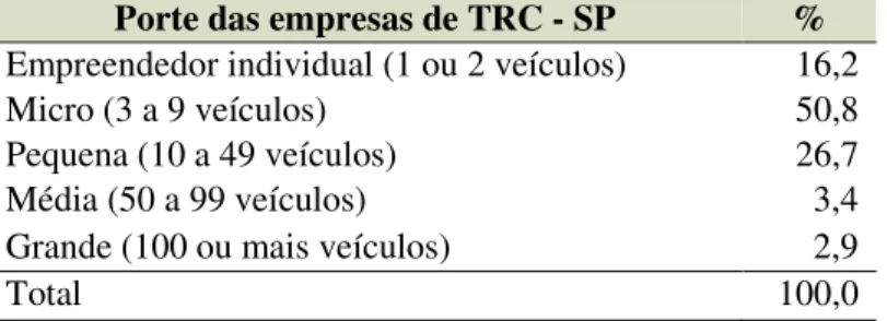 Tabela 3.2: Empresas de transporte rodoviário de cargas, segundo o porte   Porte da empresa de TRC  %  Micro  57,0  Pequena  28,5  Média  8,3  Grande  6,2  Total  100,0  Fonte: CNT (2002) 