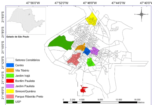 Figura 3.5. Regiões da cidade de Ribeirão Preto selecionadas para monitoração da taxa de dose gama ambiental.