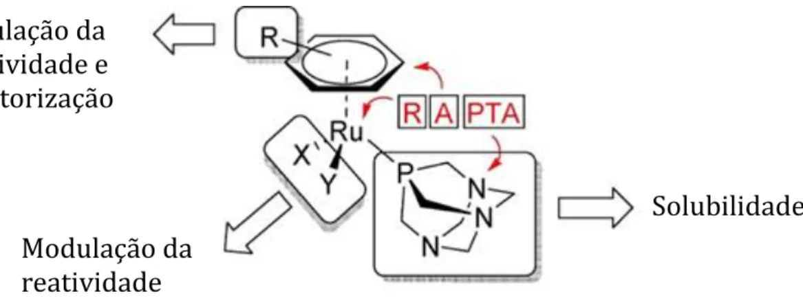 Figura I-6. Possibilidade de derivatização e funcionalização da fórmula geral dos compostos RAPTA,  com impacto na bioatividade, reatividade e solubilidade dos fármacos (adaptado de   89 )