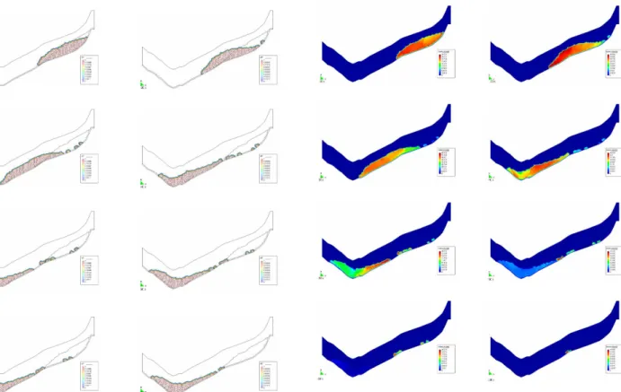Fig. 17. Ruinon rock slide model. Sequence of images showing at successive time steps the geometry of the flowing mass