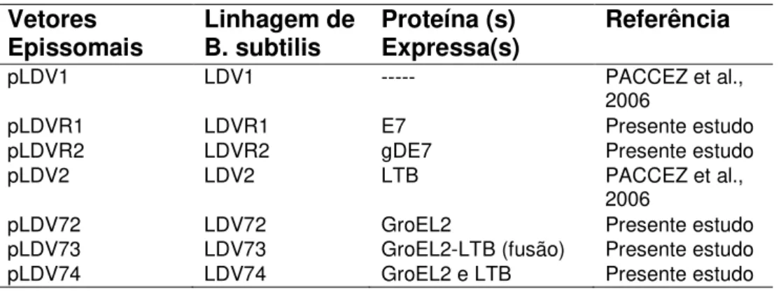 Tabela 2 - Vetores de expressão e linhagens de B. subtilis utilizados   Vetores  Epissomais  Linhagem de B