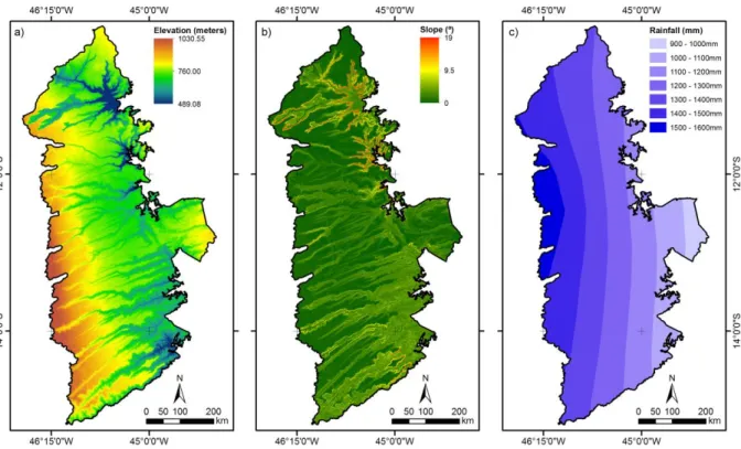 Fig. 3.2 - Maps of terrain and rainfall attributes of study area: (a) elevation map generated  from SRTM data, (b) slope, and (c) average rainfall (data from National Agency of Water and 