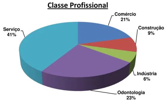 Gráfico 2 – Distribuição dos requerentes de acordo com sua classe profissional baseado na tabela de  profissões CNAE  TRT 418% TRT 13, 17, 18 e 2411%TRT 2, 3, 14 e 1921%TRT 1034%TRT 5 e 916%Comércio21% Construção9%Indústria6%Odontologia23%Serviço41%Classe 