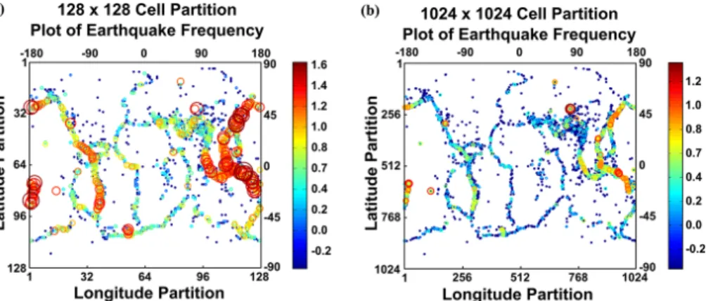 Figure 1. Partitioning of the global seismicity map: (a) 128 × 128 gridding of the latitude–