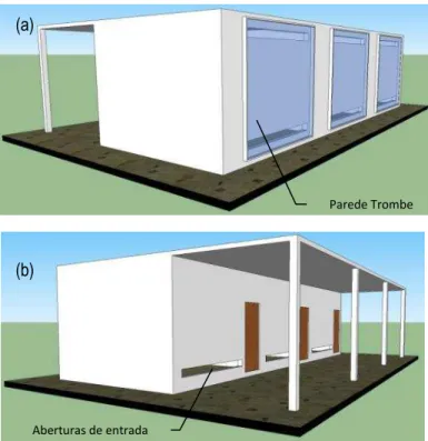 Figura 35 - Perspectiva do modelo a ser simulado com vista para a (a) fachada com a parede trombe e para a (b)  fachada oposta, onde será inserido o dispositivo de proteção solar