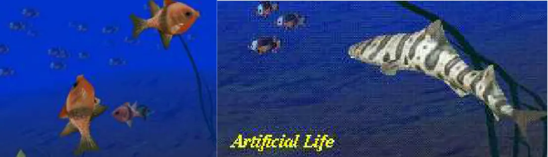Figura 4: Simulações de Vida Artificial com peixes e dinâmica Presa-Predador. 