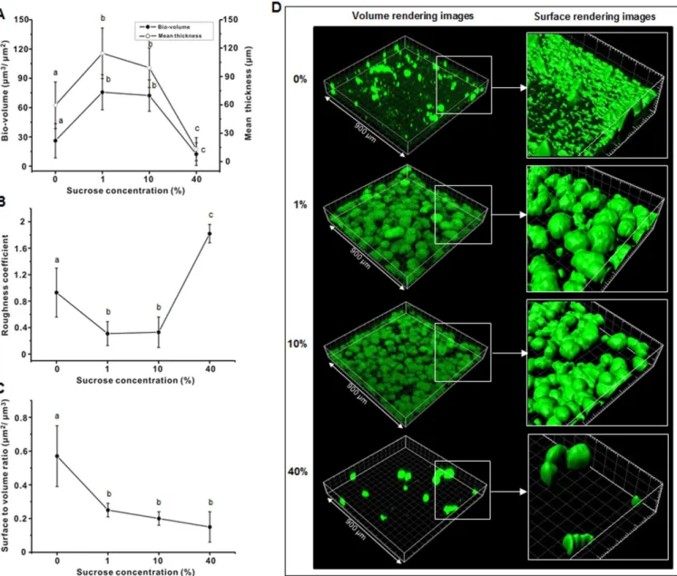 Fig 3. Effect of sucrose concentration on bacteria (A) bio-volume and mean thickness (B) roughness coefficient, and (C) surface to volume ratio of 46-h S