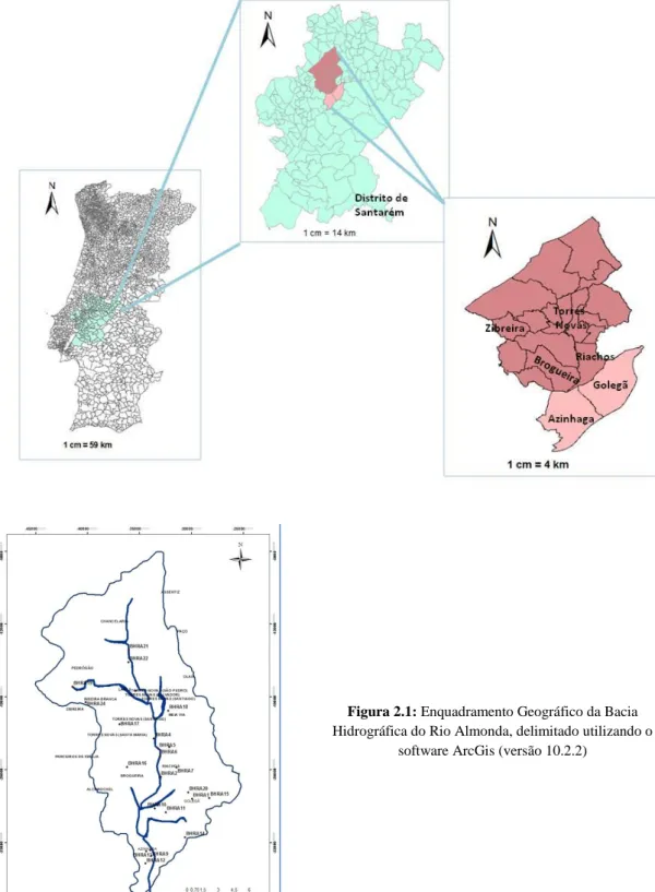 Figura 2.1: Enquadramento Geográfico da Bacia  Hidrográfica do Rio Almonda, delimitado utilizando o 