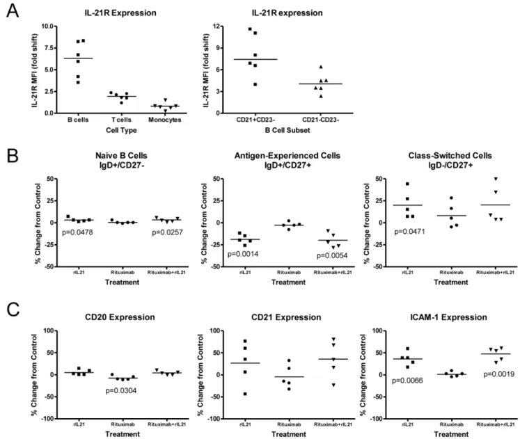 Figure 2. Effects of rIL-21 on normal human B cells. (A) IL-21R expression on B cells, T cells and monocytes