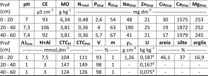 Tabela   1:   Resultados   das   análises   químicas,   físicas   e   físico-­‐hídricas   em   amostras   do   solo   da   área   experimental,    coletados   nas   camadas   de   0-­‐20,   20-­‐40   e   40-­‐60   cm