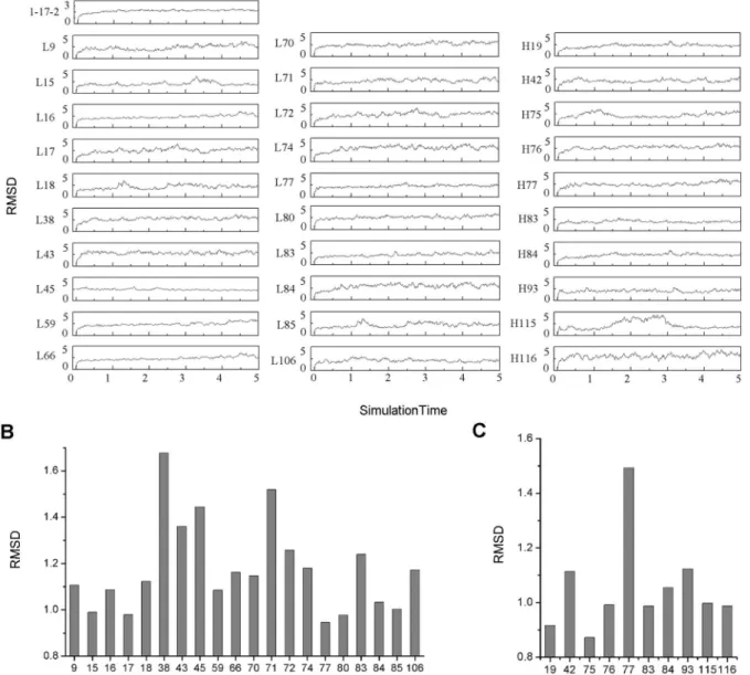 Figure 3. MD simulations and RMSD values of the 30 mutants. (A) The MD simulations of 1-17-2 Fab and the 30 mutants