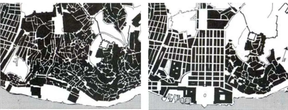 Figura 15   ̶   Transformação da cidade de Lisboa do modelo medieval para o barroco (1756)  Fonte: Mello (2008, p.129)