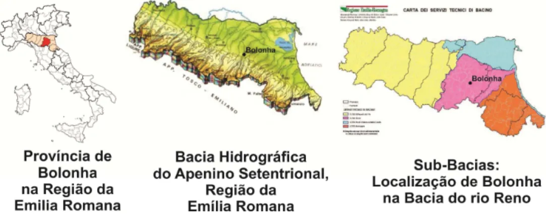 Figura 34   ̶   Localização de Bologna em relação à sua região e bacia hidrográfica  Fonte: Adaptado de Regione Emilia-Romagna (2003)