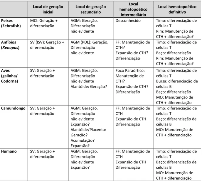 Tabela I - Locais sucessivos de hematopoese nos embriões de vertebrados: Localização e  funções