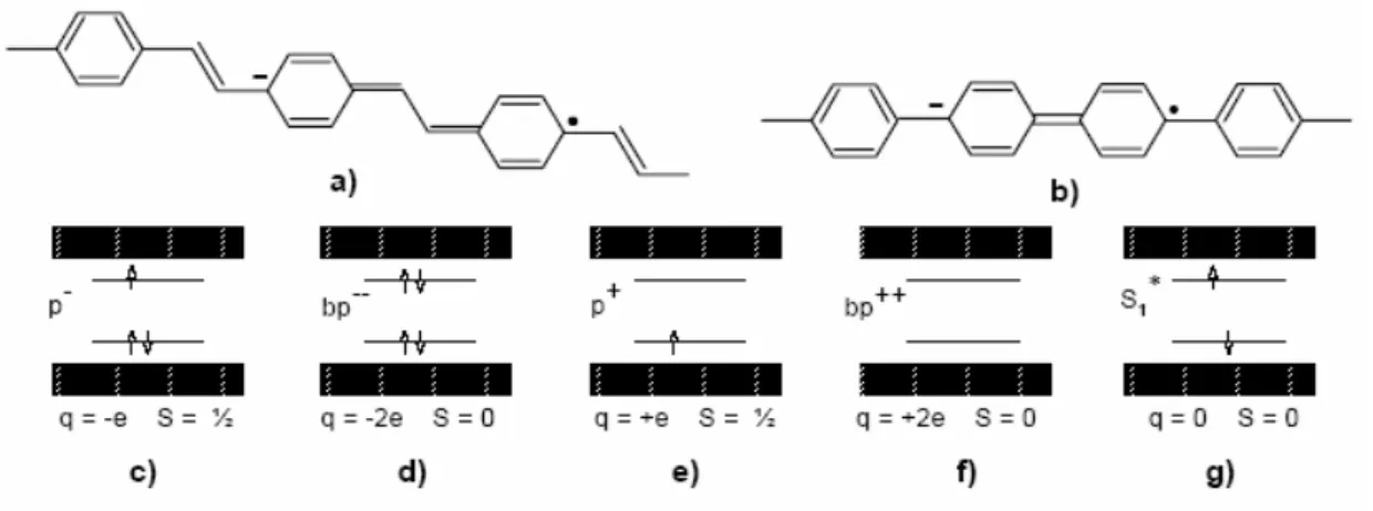 Figura  1.3:  Desenho  esquemático  de  um  pólaron  negativo  em  um  polímero  com  o  estado  fundamental  não-degenerado:  a)  PPV;  b)  PPP