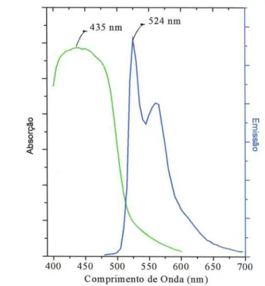 Figura 3.3: Curvas de absorção (verde) e de emissão (fotoluminescência) (azul) do ppv, em forma de filme mostrando as regiões de alta absorção do polímero.