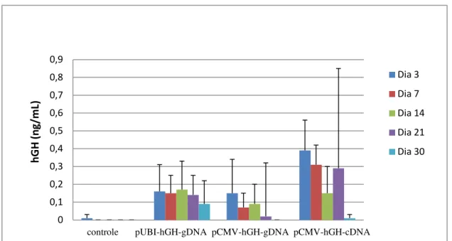 Fig.  6:  Níveis  de  hGH  na  circulação  de  camundongos  normais  NRMI,  após  injeção  de  diferentes  plasmídeos  contendo  o  promotor  UBI  ou  CMV,  e  as  sequências  do  DNA  genômico ou complementar do hGH
