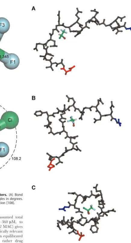 Figure 5. Representative halothane binding modes on the TUBB2B C-terminal tail. Red – N-terminal end connecting to the main tubulin body (body not shown for clarity), Blue – C-terminus