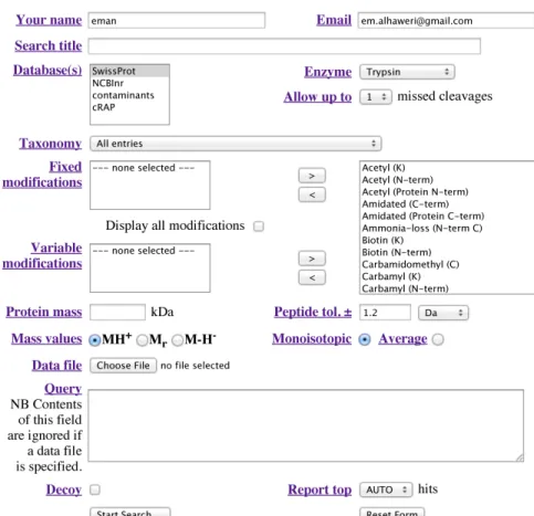 Figure 2.1: Mascot program form for peptide mass fingerprinting.