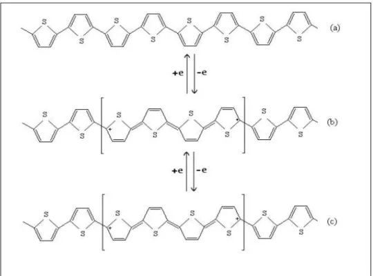 Figura 08: Oxidação eletroquímica do politiofeno. a) cadeia polimérica neutra é oxidada pela  remoção de um elétron