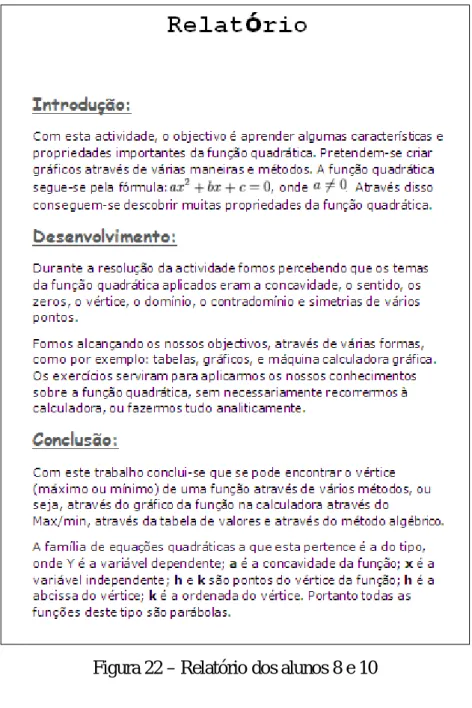Figura 22 – Relatório dos alunos 8 e 10 