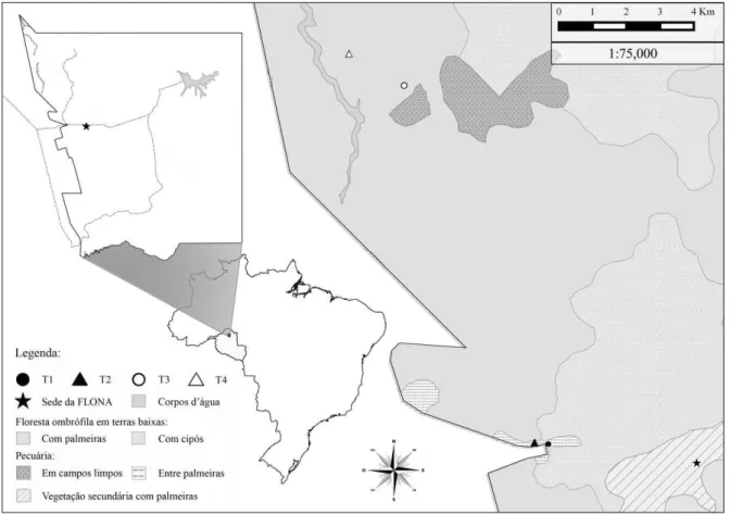 Figura  3.1  -  Localização  das  transecções  de  amostragem  de  Scarabaeinae  (T1-T4),  Floresta  Nacional do Jamari, Rondônia- Brasil 