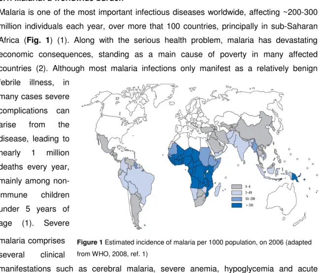 Figure 1 Estimated incidence of malaria per 1000 population, on 2006 (adapted  from WHO, 2008, ref