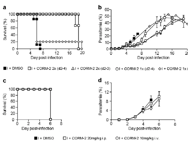 Figure 5 CORM-2 abrogates ECM development. P.berghei-ANKA infected C57BL/6 mice. PbA-infected  C57BL/6 mice were treated with CORM-2 (I + CORM-2) or DMSO vehicle (I + DMSO) (a, b) Effect on  survival and mean parasitema of several schedules of administrati
