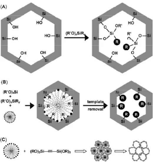 Figura  1.  As  três  principais  estratégias  aplicadas  para  produzir  sílicas  mesoporosas  organicamente  funcionalizadas:  (A) pós-síntese com sílica mesoporosa sintetizada, (B) condensação dos precursores  silano  e  organosilano  na  presença  do  