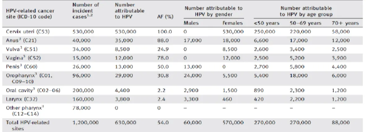 Tabela 1 - Número de casos de tumores relacionados com o HPV e percentagem atribuível (FA)  correspondente por local do tumor, sexo e idade; Mundo, 2012 (retirado de de Martel et al., 2017) 