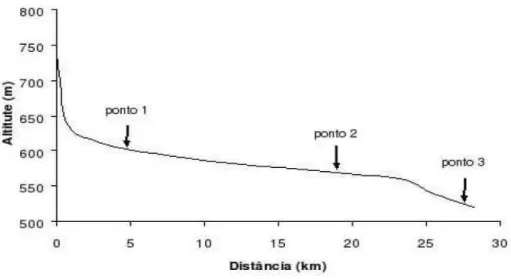 Figura 11: Perfil longitudinal e localização dos pontos de coleta no rio Cabeça.