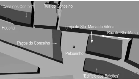 FIGURA 5. Representação hipotética 3D da Praça de Santa Maria da Vitória nos séculos XIV e XV (Hipótese B).