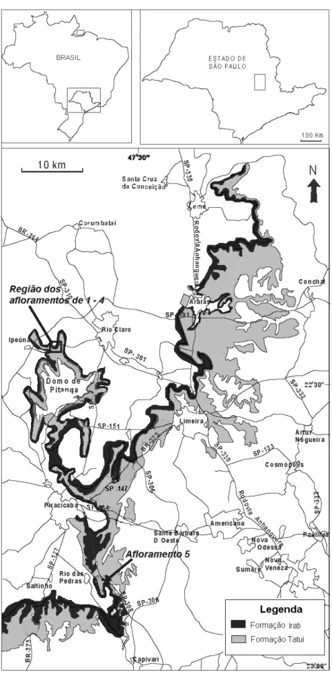 Figura 1 - Região centro-leste de São Paulo, as principais rodovias de acesso a região dos  afloramentos e as unidades de estudo (adaptado de ASSINE et al