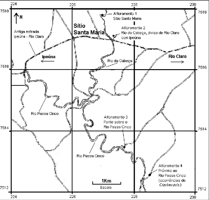 Figura 25 - Região de localização dos principais afloramentos na região entre Rio Claro e Ipeúna.
