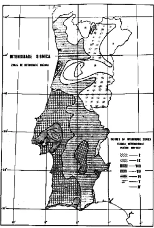 Figura  2.1  –  Mapa  das  intensidades  sísmicas  máximas  observadas em Portugal durante o período de 1902 a 1972  [ 12 ] 