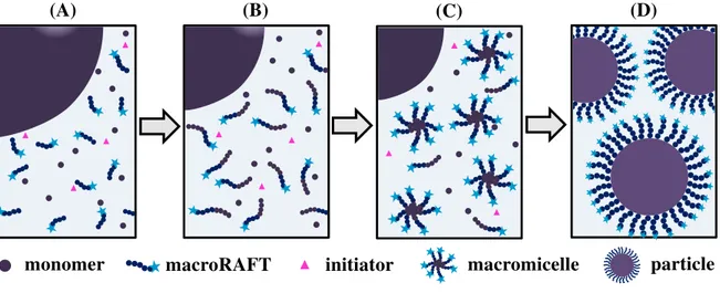 Figure  2.4  –   Schematic  overview  of  the  polymerization-induced  self-assembly  RAFT  emulsion  polymerization  process (PISA)