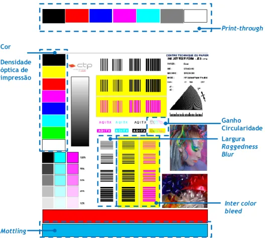 Figura 2.13 – Padrão de impressão para avaliação dos parâmetros técnicos de qualidade de impressão  inkjet (adaptado de Trehoult, 2007)