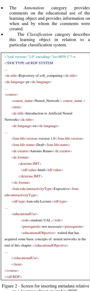 Figure 2 - Screen for inserting metadata relative  to a learning object created in RDF