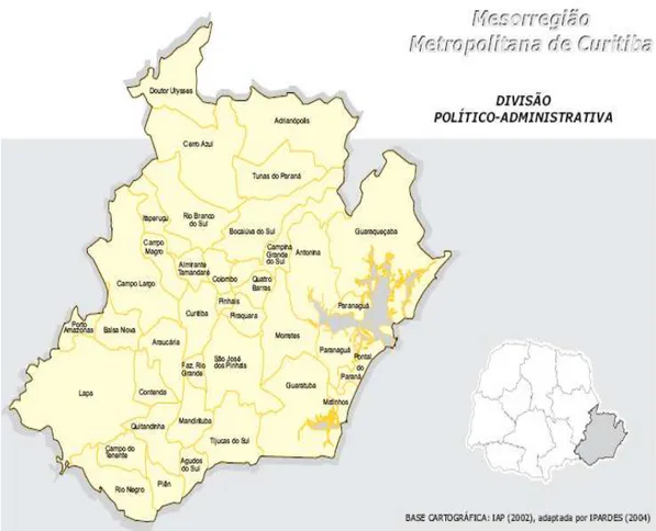 Figura 2 - Representação da composição e localização geográfica da mesorregião metropolitana de Curitiba no estado do Paraná