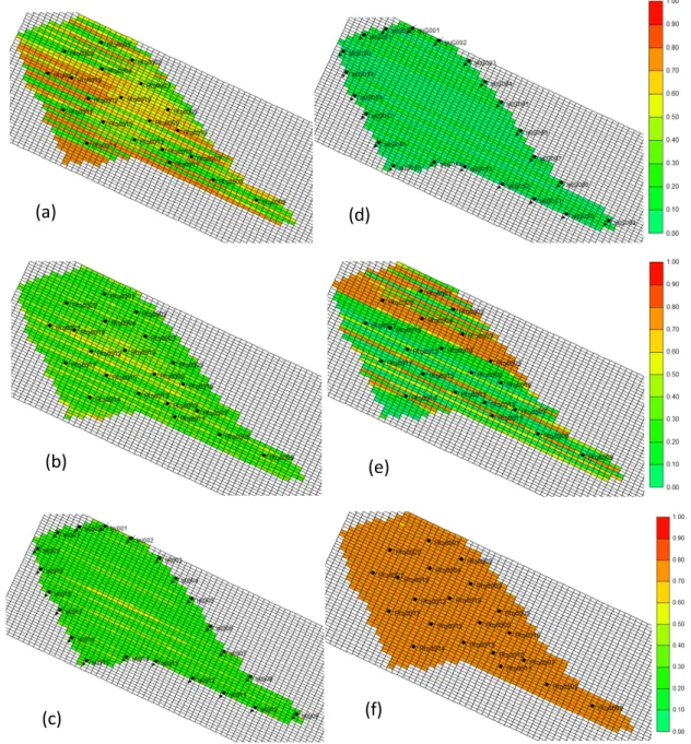 Figura   6:   Saturação   final   de   óleo   para   injeção   de   água   (a)   layer   1   (b)   layer   2   (e)   layer   3;   para   injeção   de   gás    (b)   layer   1   (c)   layer   2   (e)   layer   3