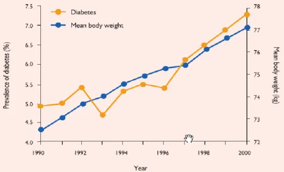 Figura 4 – Prevalência de diabetes e obesidade nos EUA  desde 1990 (retirado de Cefalu e Cannon,  2007)