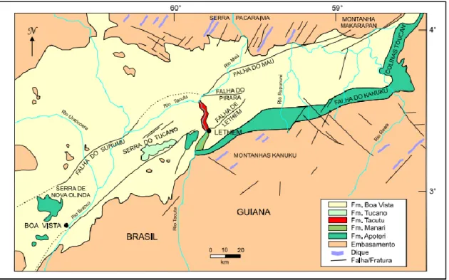 Fig. 3. Mapa geológico e estrutural demonstrando falhas e fraturas da Bacia do Tacutu (Silva e  Porsani, 2006)