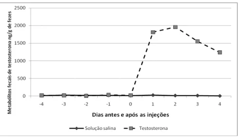 Figura 2  –  Variação da concentração de metabólitos fecais em dois grupos de hamsters  fêmeas 4 dias antes e 4 dias depois de injeções de testosterona ou de solução salina