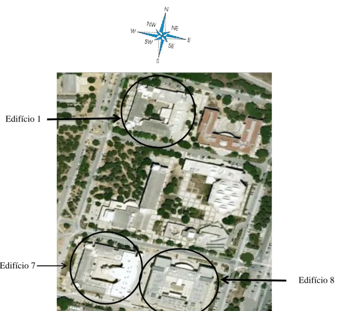 Figura 4.1 – Mapa da Universidade do Algarve – Campus de Gambelas onde se encontra assinalada a  localização dos edifícios em estudo (Google Earth, 2012)  