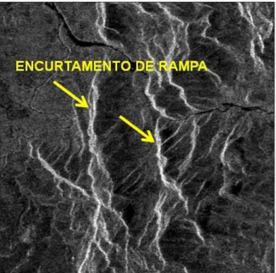 Fig. 2.4 Feições de encurtamento de rampa (faixas estreitas, alongadas e brilhantes) em  uma imagem do satélite japonês ALOS PALSAR da região de Chapada dos Veadeiros,  Goiás