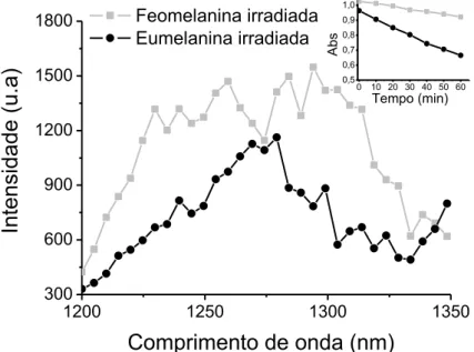 Figura  16: Intensidade de  emissão de oxigênio singlete da eumelanina  e da feomelania  após  irradiação sob a luz visível